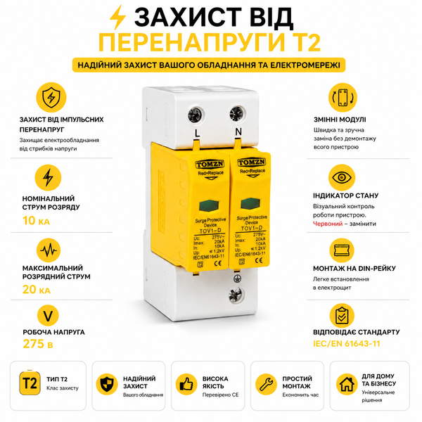 Пристрій захисту від перенапруги AC TOMZN TZG40-D 2P 10kA-20kA 275V авт.77 фото