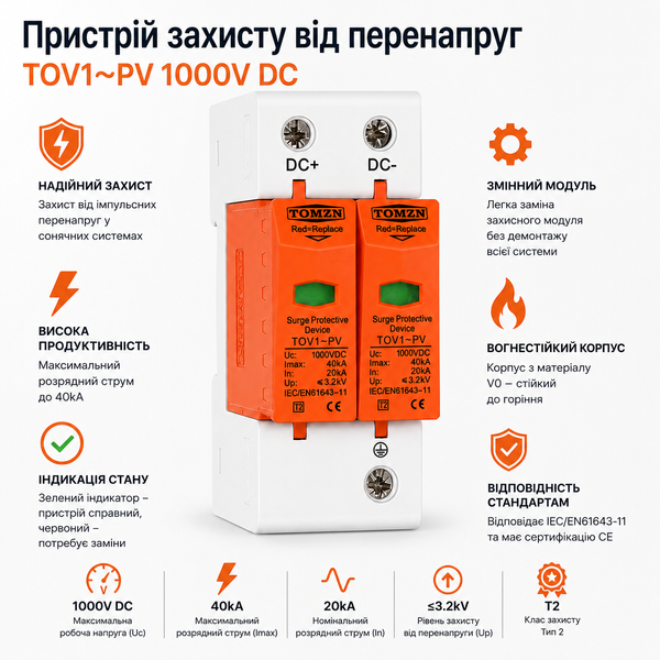 Пристрій захисту від перенапруги DС TOMZN TZG40-PV 2Р 1000V бл-з.9 фото