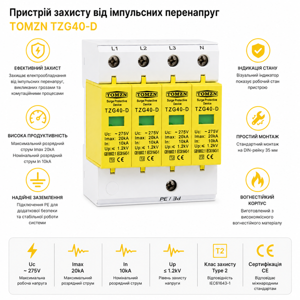 Пристрій захисту від перенапруги AC TOMZN TZG40-D 4P 10kA-20kA 275V авт.80 фото
