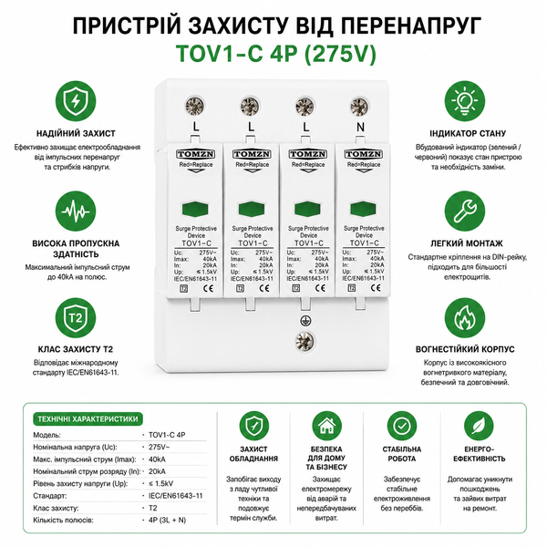 Пристрій захисту від перенапруги AC TOMZN TOV1-C 4P 40kA 275V авт.81 фото
