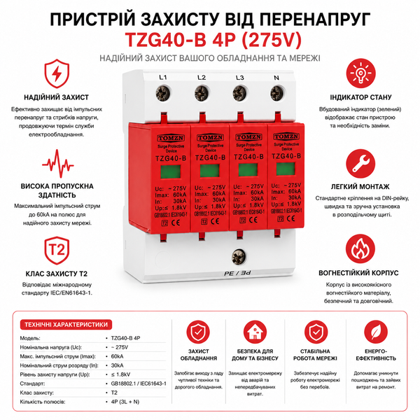 Пристрій захисту від перенапруги AC TOMZN TZG40-B 4P 30kA-60kA 275V авт.82 фото