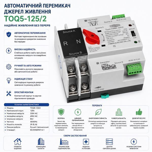 Автоматичний трансферний вимикач (АВР) АС TOMZN TOQ5-125/2 2P 125A 220V авт.51 фото