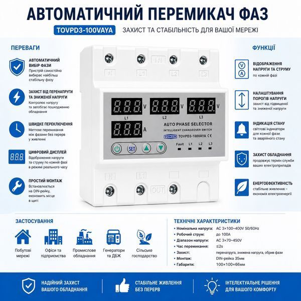 Перемикач фаз AC TOMZN TOVPD3-100VAYA 3P 100A 380V авт.20 фото