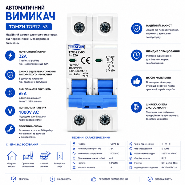 Автоматичний вимикач DC TOMZN TOB7Z-63 MCB 2Р 32A 1000V авт.86 фото