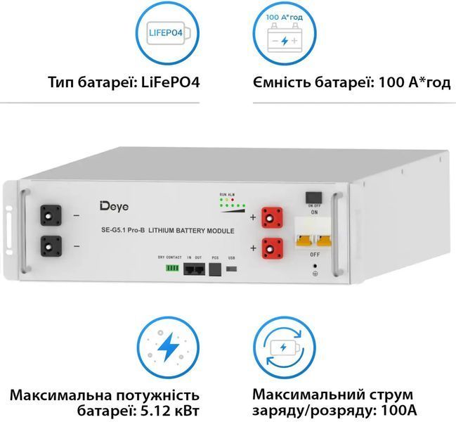 Акумуляторна батарея Deye SE-G5.1Pro-B, 51.2V, 100Ah, LiFePO4, 5.12kWh акум.1 фото