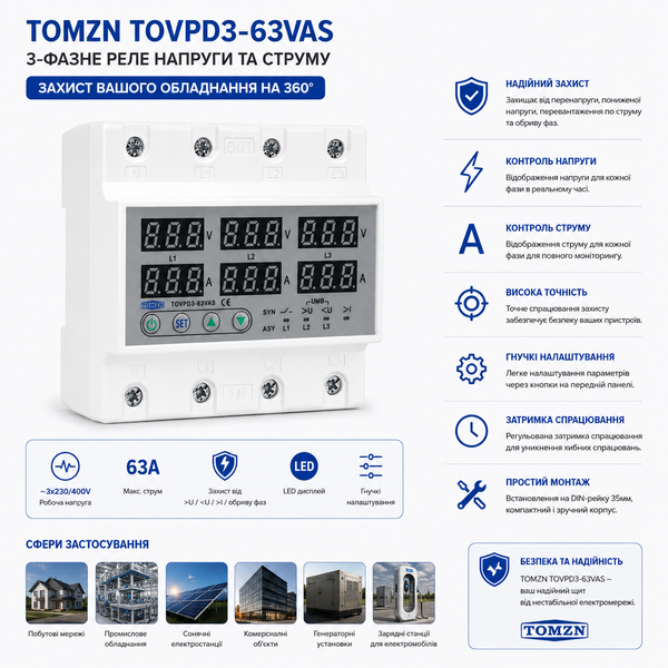 Реле напруги AC TOMZN TOVP-63VA 3Р 63A 220V авт.17 фото