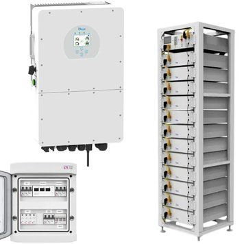Комплект: Гібридний високовольтний інвертор Deye SUN-20K-SG01HP3-EU-AM2 20 кВт 3 фази + Система зберігання енергії на 12 акумуляторів Deye BOS-G Pack5.1 + блок керування Deye BOS-G-PDU-2 + Щит захисту по змінному струму ETI 3 фази AC IP65 40А крж.021 фото