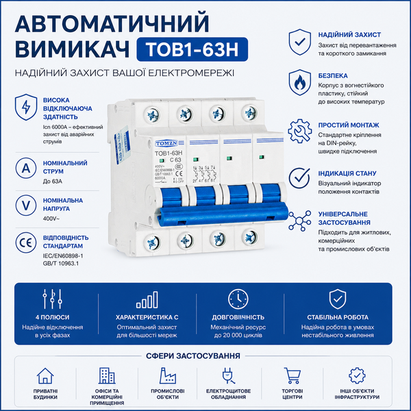 Автоматичний вимикач AC TOMZN TOB1-63H 4Р 63А 400V авт.43 фото