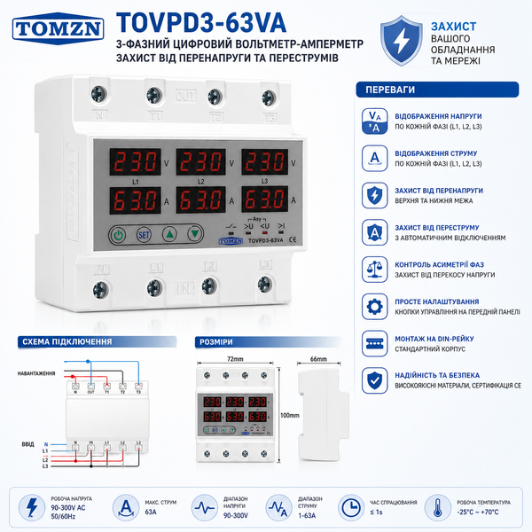 Реле напруги AC TOMZN TOVPD3-63VAS 3P 63A 400V авт.124 фото